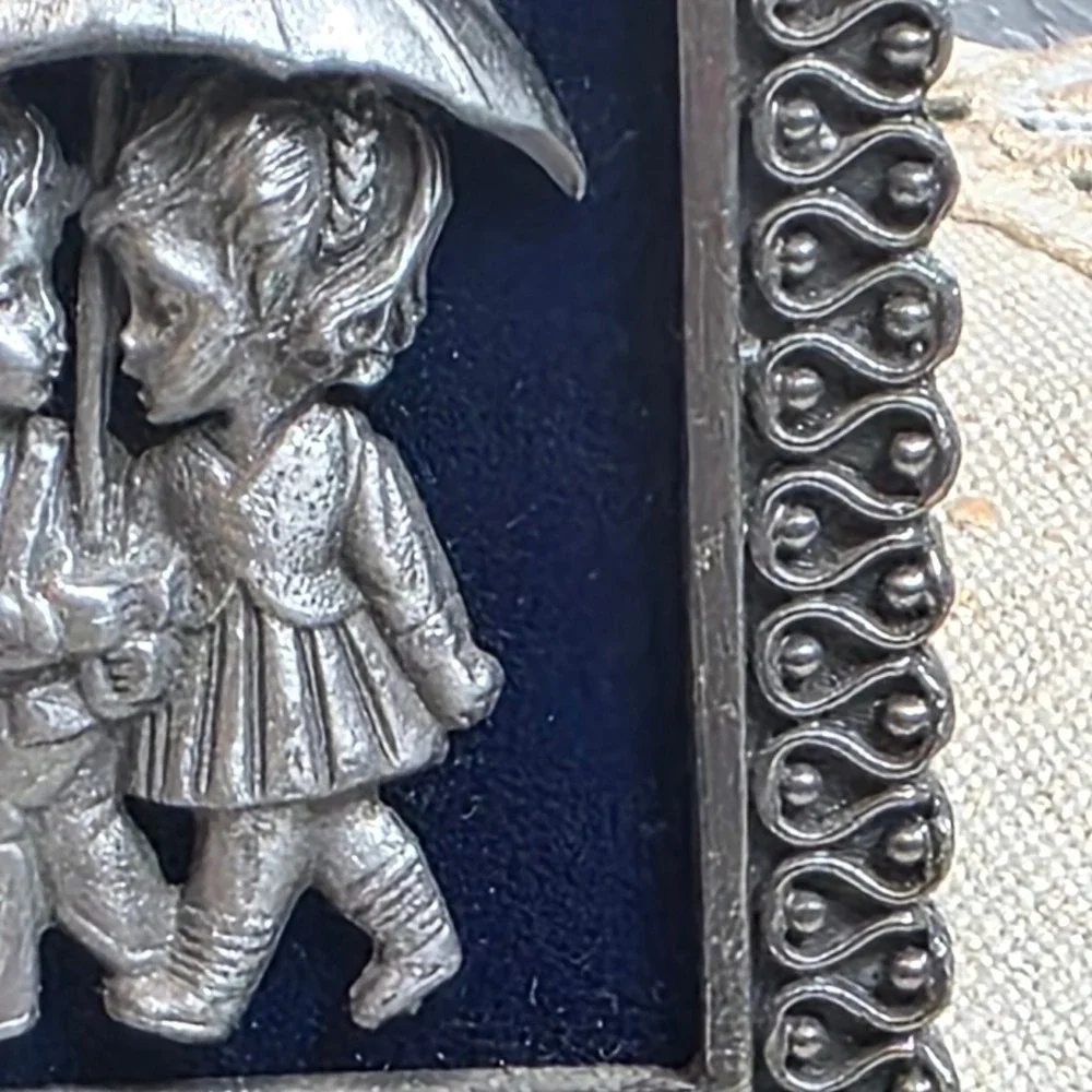 Vintage Small Pewter Relief Art Boy & Girl‎ Umbrella Ornate Silver Tone Frame